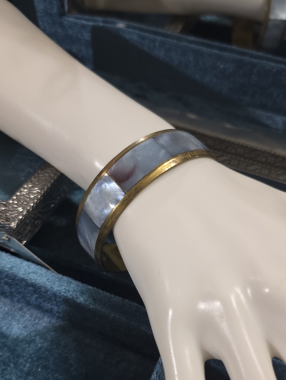 Vintage Brass and Grey Blue Mother-of-Pearl Inlay Mosaic Bangle Bracelet